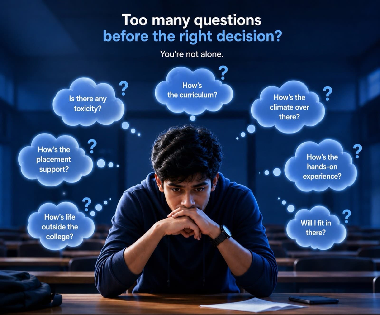 Too many questions before the right decision? You're not alone. A worried aspirant sits in an empty classroom surrounded by the questions on their mind: is there any toxicity, how's the curriculum, how's the climate, how's the placement support, how's the hands-on experience, how's life outside college, will I fit in there.